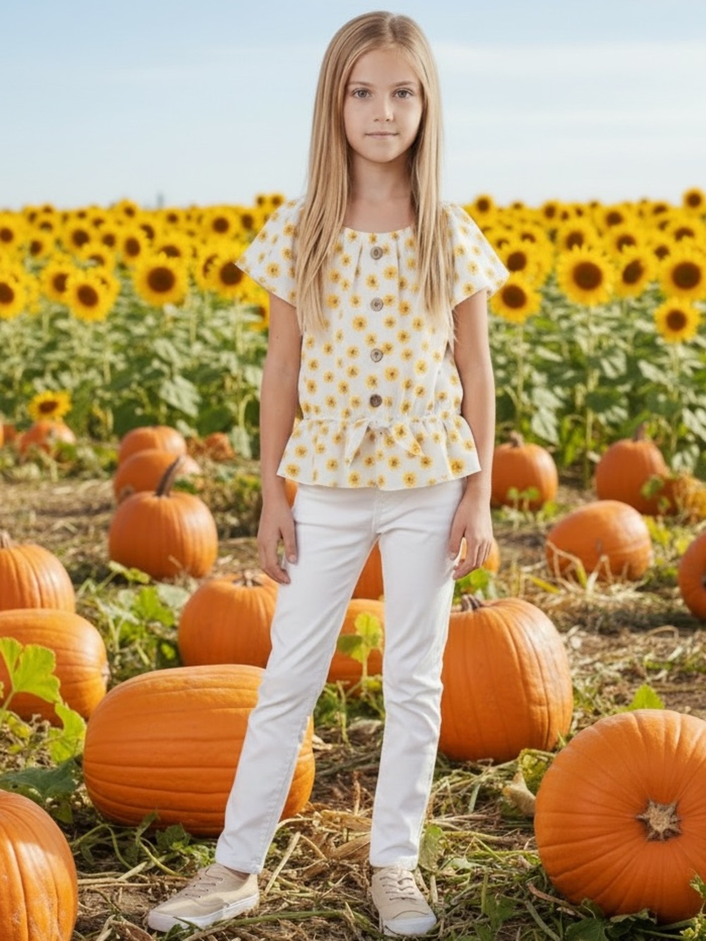 Lily Bleu Girls 7/8 Sunflower Floral Flutter Sleeve Top Yellow White